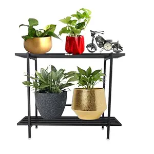 NEO STAR 2-Tier Metal Planter Stand Trolley, Black Powder Coated Finish, Rectangular Shape for Indoor, Outdoor, Garden, Balcony and Living Room, Load Capacity Up to 70 kg